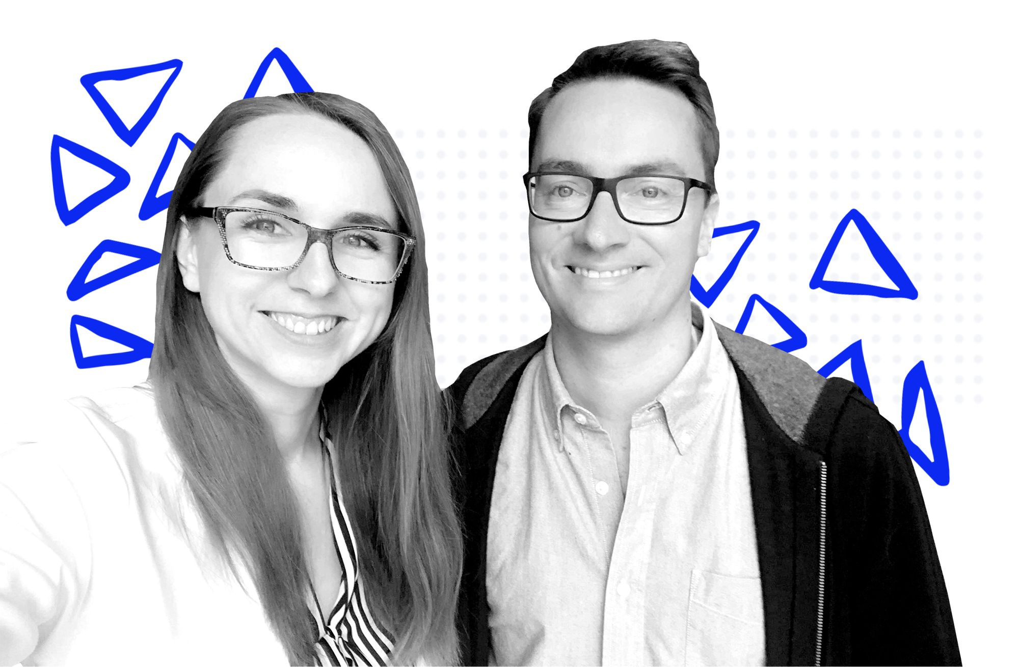 two people in front of white and blue pattern background