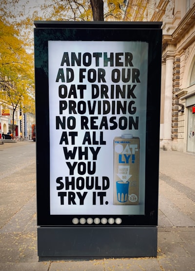 Screen ad for swedish oat drink OATLY. I think it is great. Vienna, Mariahilferstrasse