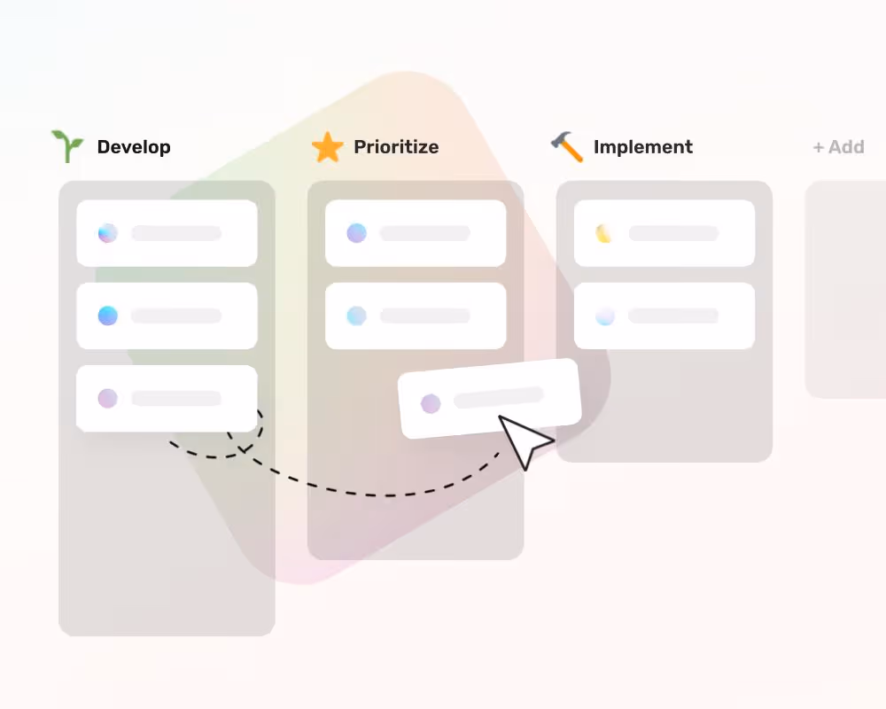 une interface utilisateur de logiciel de gestion d'idées élégante montrant un tableau kanban avec plusieurs phases, du développement à la mise en œuvre