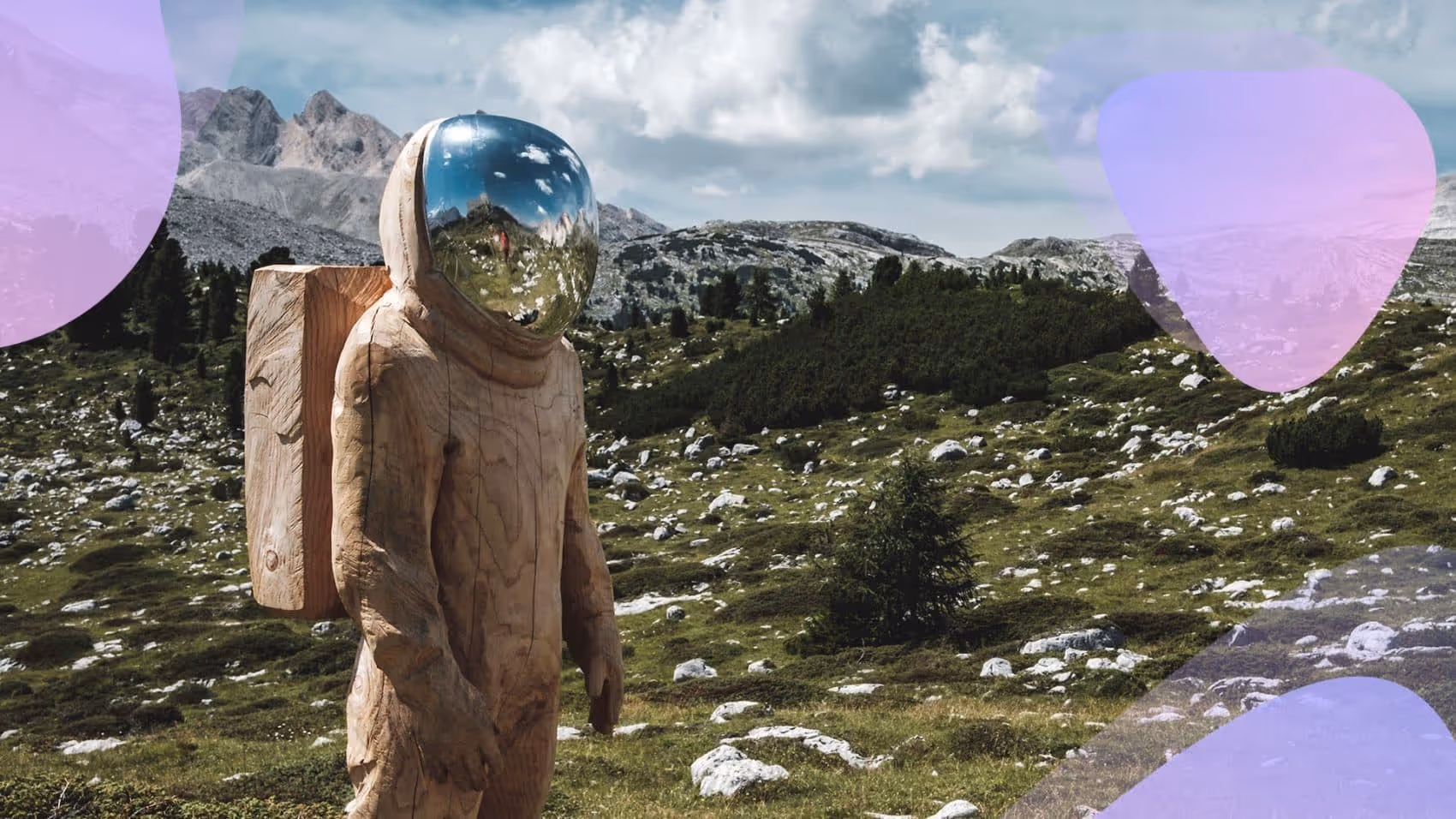 A wooden statue of a person with a helmet on