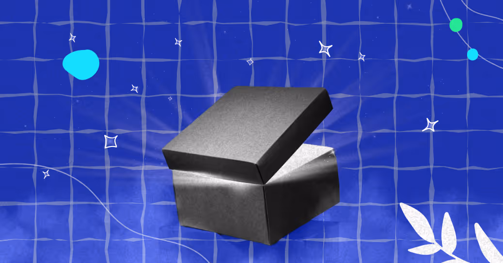 A black box sitting on top of a blue tiled floor