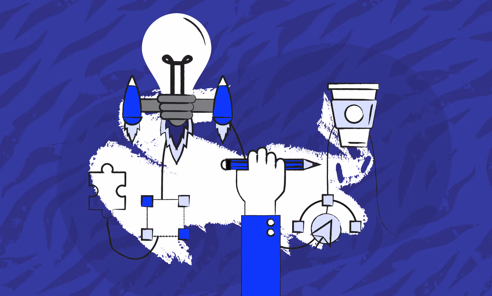 A drawing of a person holding a light bulb