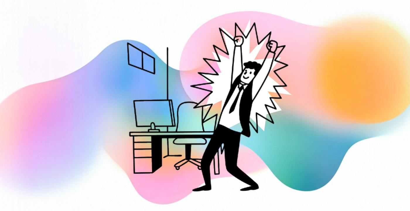 Un dessin d'un homme tenant un ordinateur en l'air