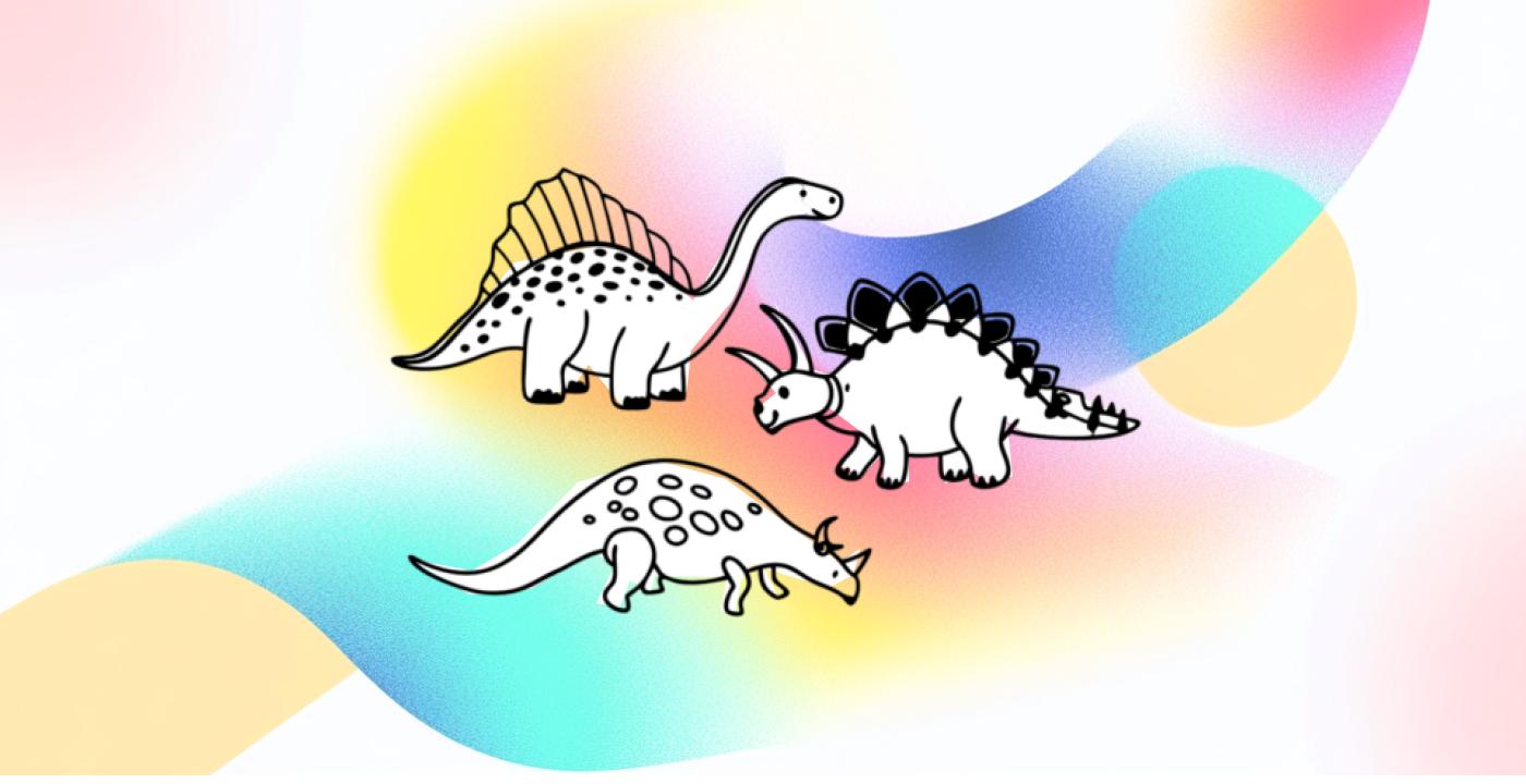 Un dessin de deux dinosaures avec un fond arc-en-ciel