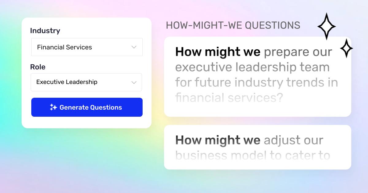 illustration d'un générateur de questions IA « comment pourrions-nous » avec interface utilisateur sur un dégradé coloré