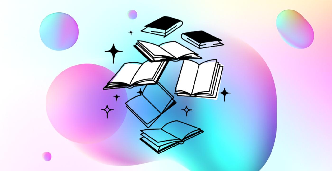 Un livre volant dans les airs avec un arrière-plan arc-en-ciel
