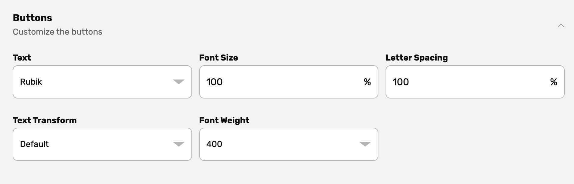Button text customization UI with font, size, letter spacing, transform, and weight settings.