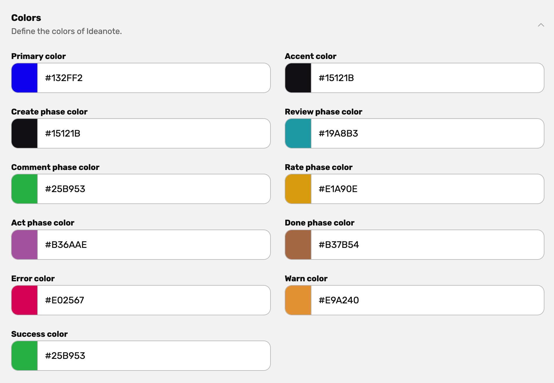 Ideanote color settings page with names, swatches, and hex codes for primary, accent, and phase colors.