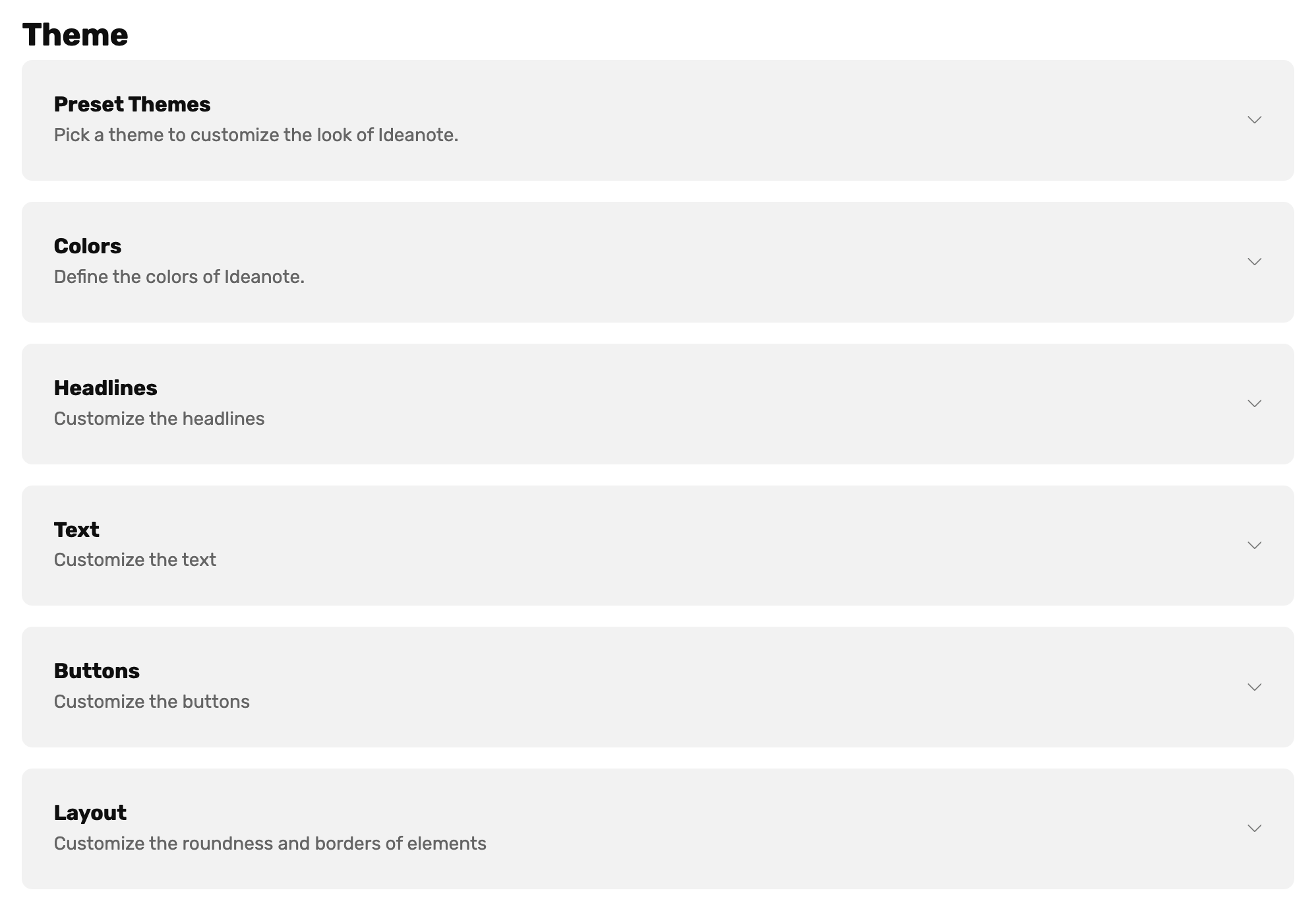 Theme settings page with options for preset themes, colors, headlines, text, buttons, and layout.