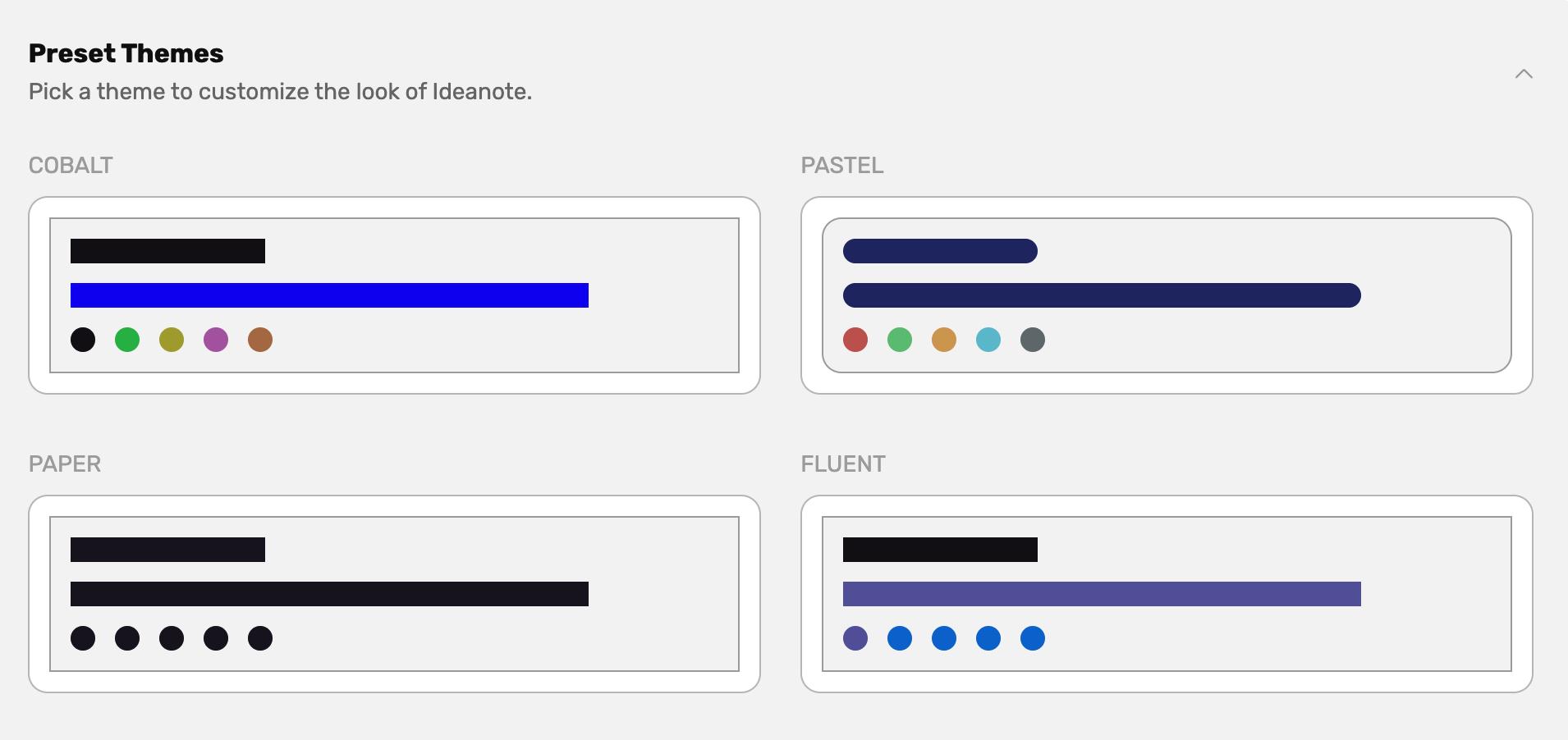 Preset Themes UI showing Cobalt, Pastel, Paper, and Fluent options with their respective color palettes.