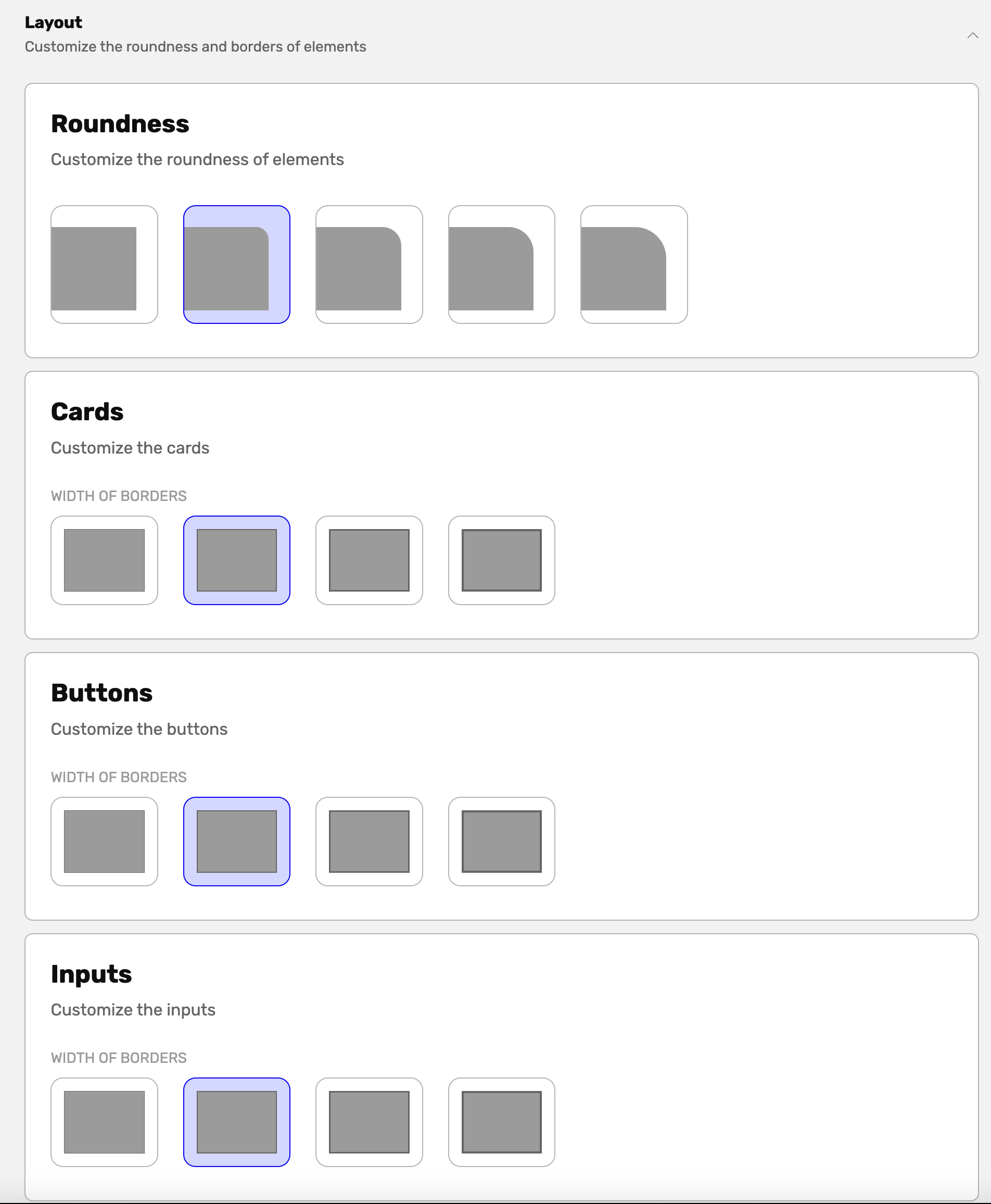 Layout customization panel with sections for adjusting element roundness, and border width for cards, buttons,