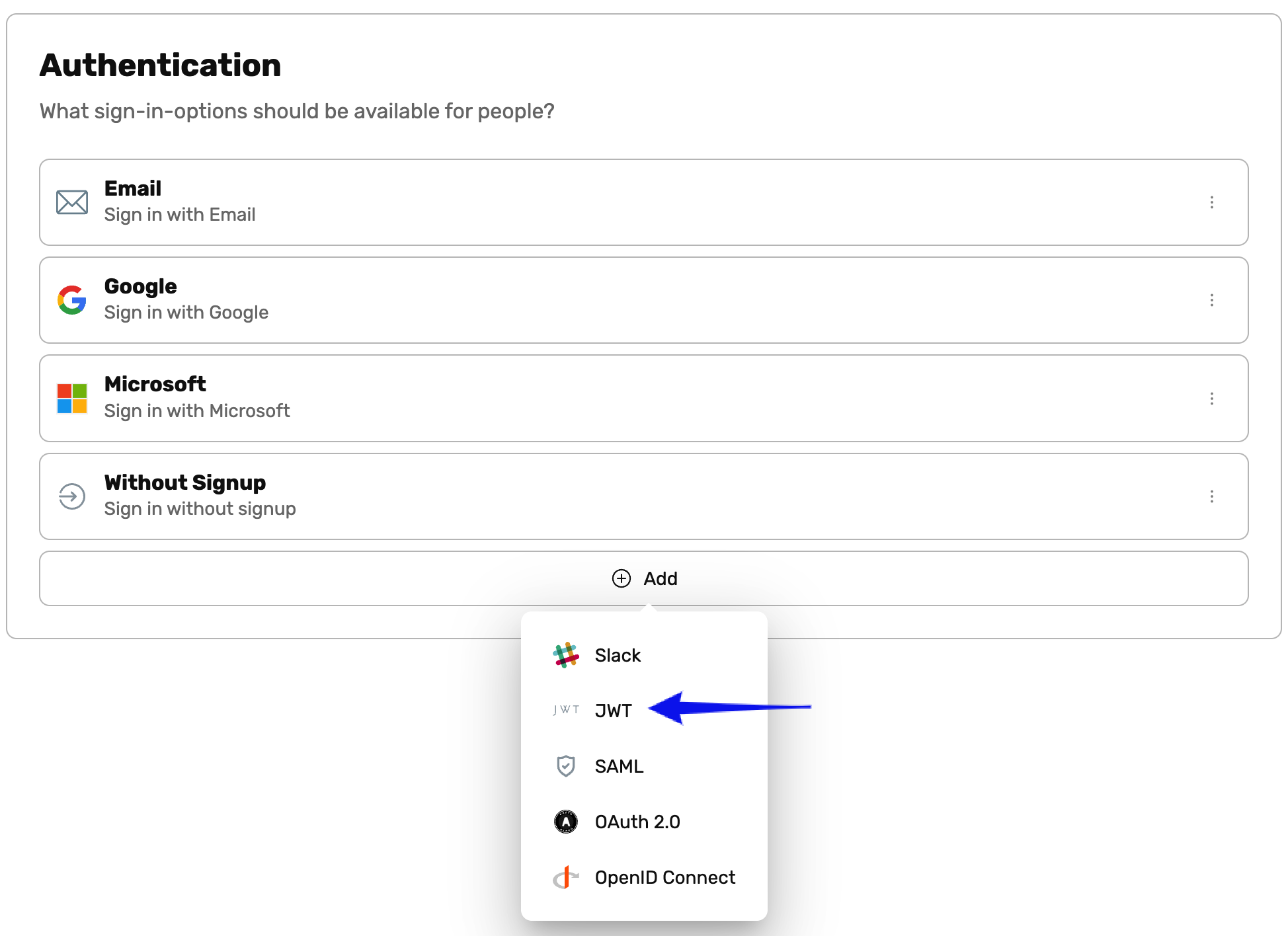 Paramètres d'authentification : menu déroulant pour ajouter le JWT comme option de connexion.