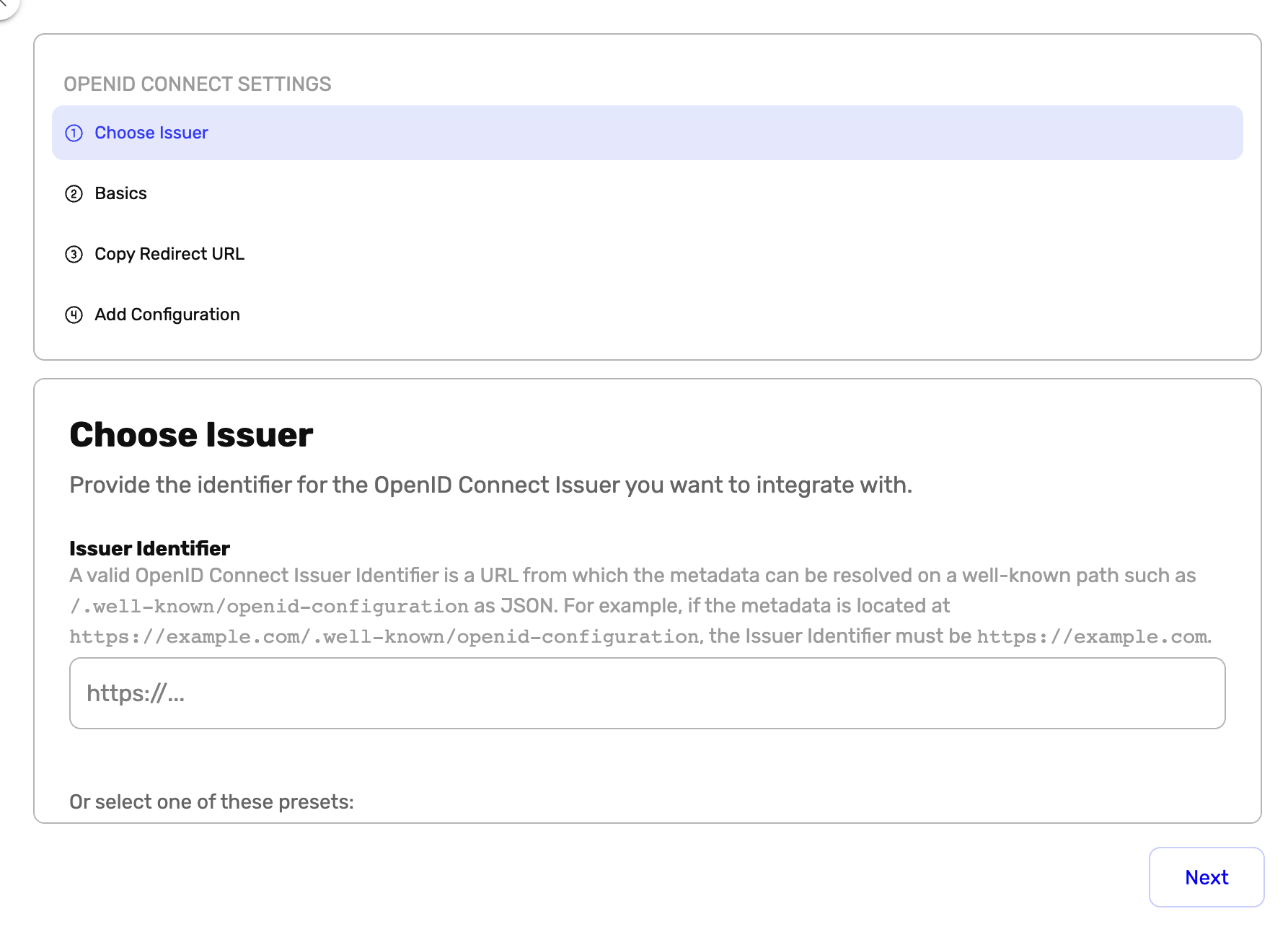 Page des paramètres OpenID Connect avec l'étape 'Choisir l'émetteur' active, affichant un champ de saisie pour l'Identifiant de l'émetteur.