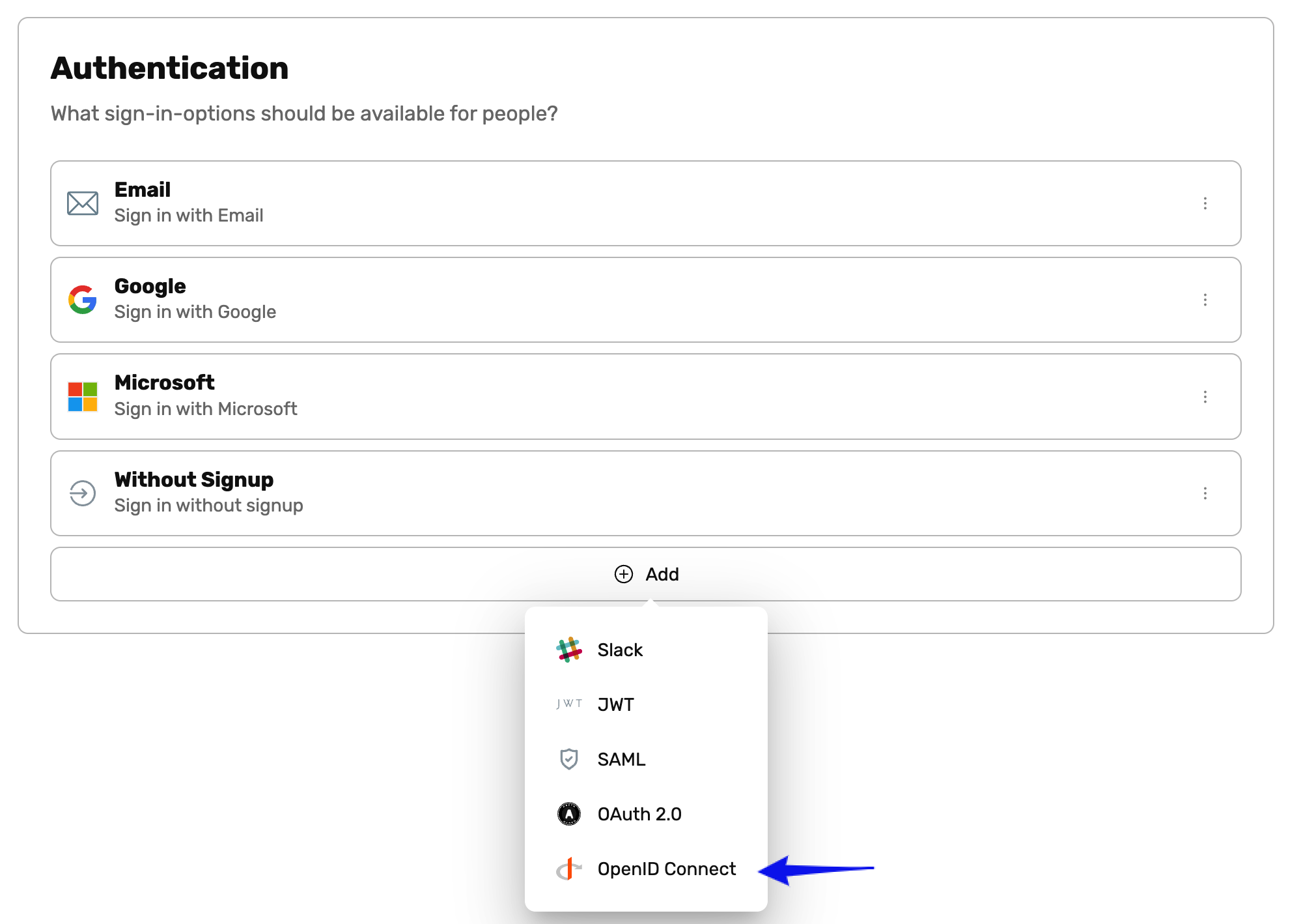 Paramètres d'authentification avec des options comme Email, Google, Microsoft et un menu déroulant affichant OpenID Connect.