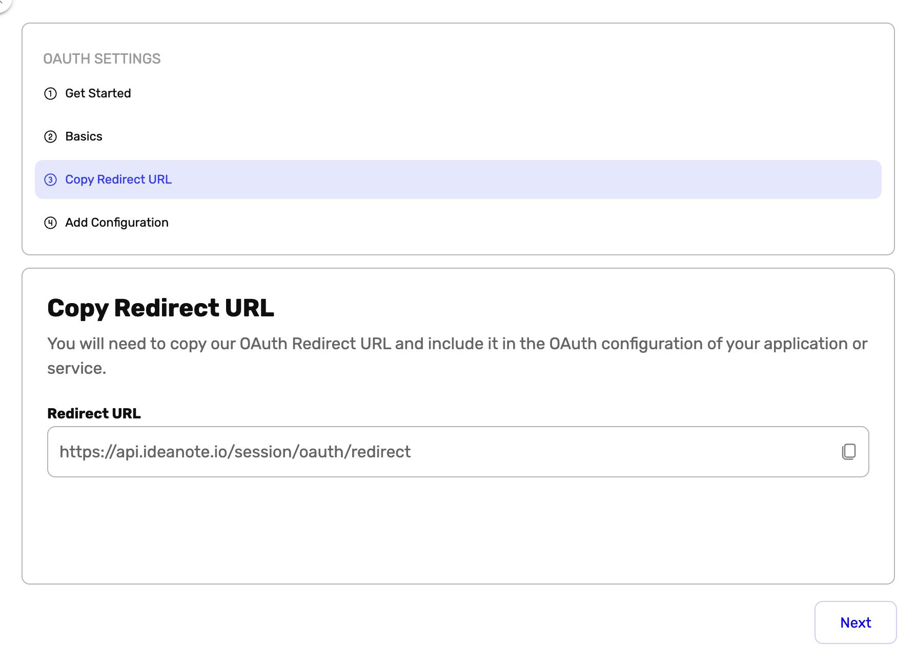 Screenshot of OAuth settings, showing the 'Copy Redirect URL' step with the redirect URL displayed.