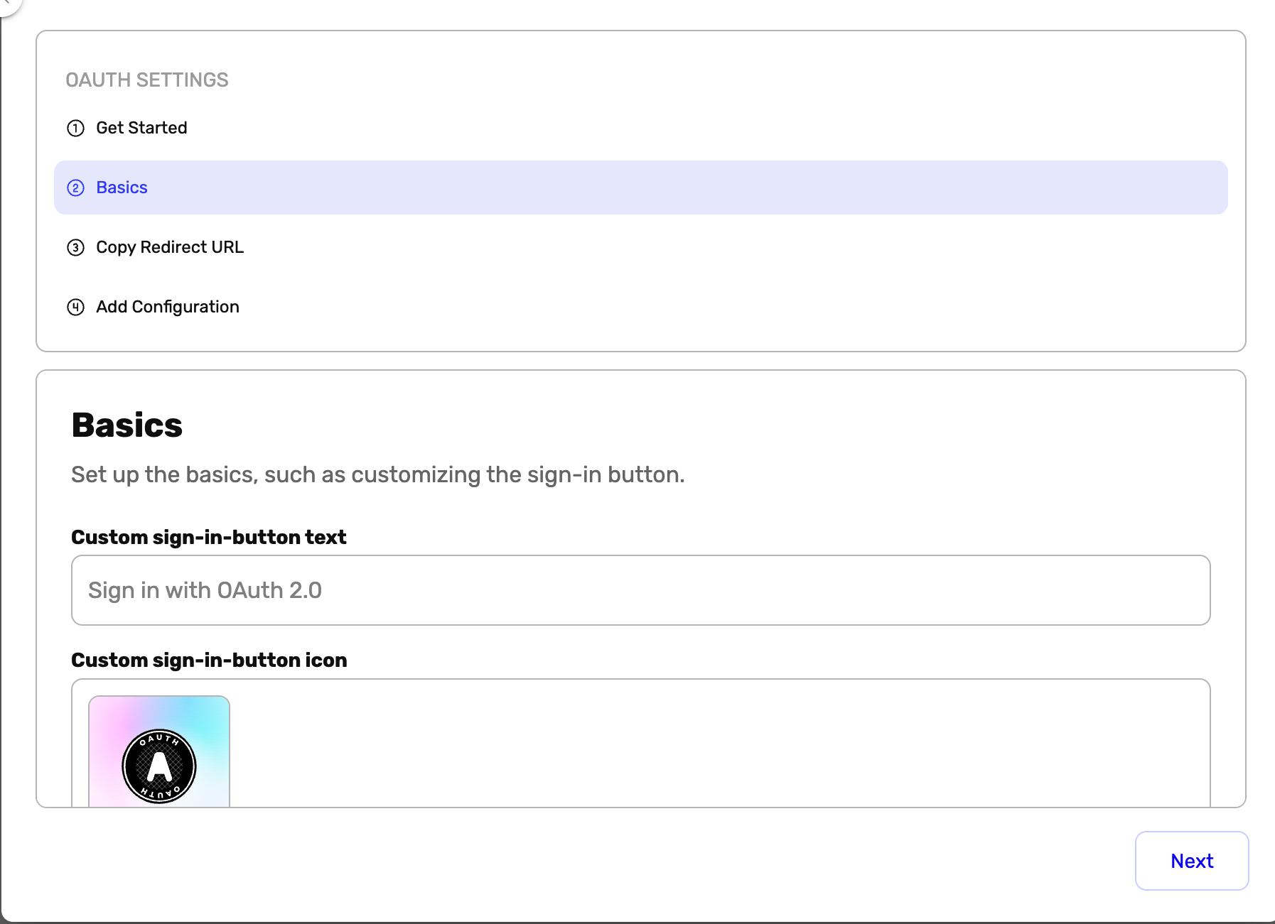 OAuth settings, Basics section with custom sign-in button text field and icon customization options.