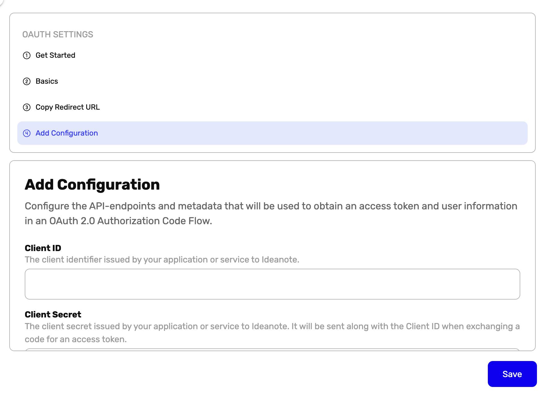 OAuth settings 'Add Configuration' form with Client ID, Client Secret fields, and a Save button.