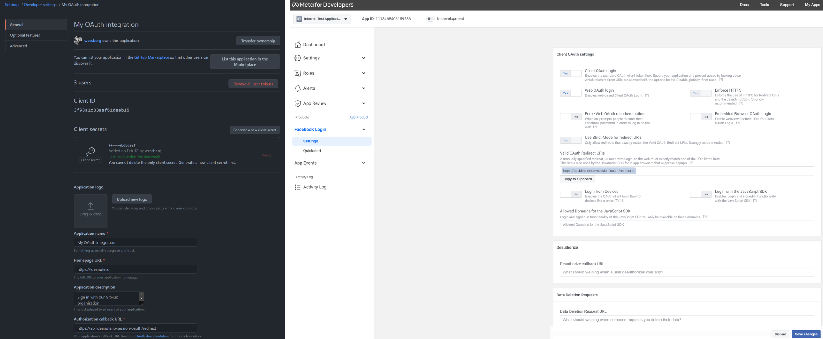 OAuth integration settings with client ID, secrets, redirect URIs, application details, and Meta for Developer