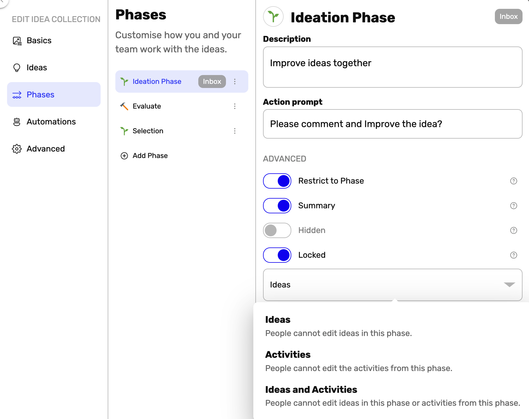 Interface utilisateur gérant les phases de collecte d'idées, affichant les détails de la « phase d'idéation » sélectionnée et les paramètres avancés.