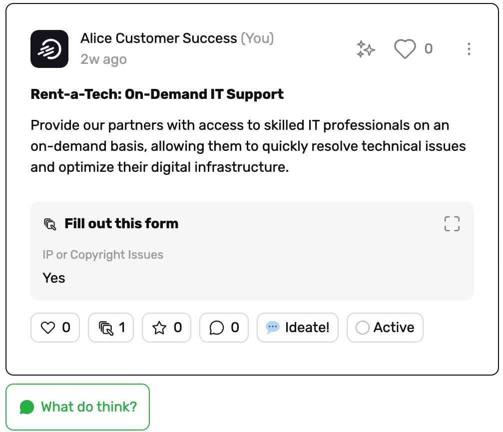Publication d'Alice Customer Success sur le support informatique à la demande Rent-a-Tech, avec un formulaire à remplir.