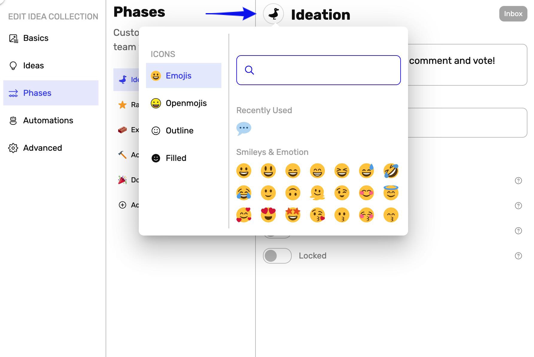 Interface utilisateur avec un sélecteur d'emojis ouvert affichant des smileys et une flèche pointant vers une icône de canard.