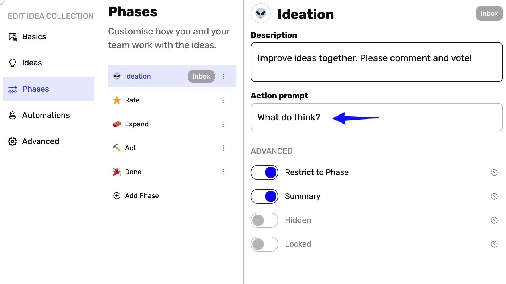 Interface utilisateur affichant les paramètres des « Phases », les détails de la phase « Idéation » et l'invite d'action « Qu'en pensez-vous ? » avec une flèche bleue.