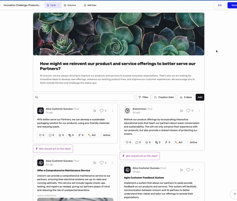 Interface utilisateur pour un défi d'innovation, affichant un énoncé de problème central et une liste d'idées.