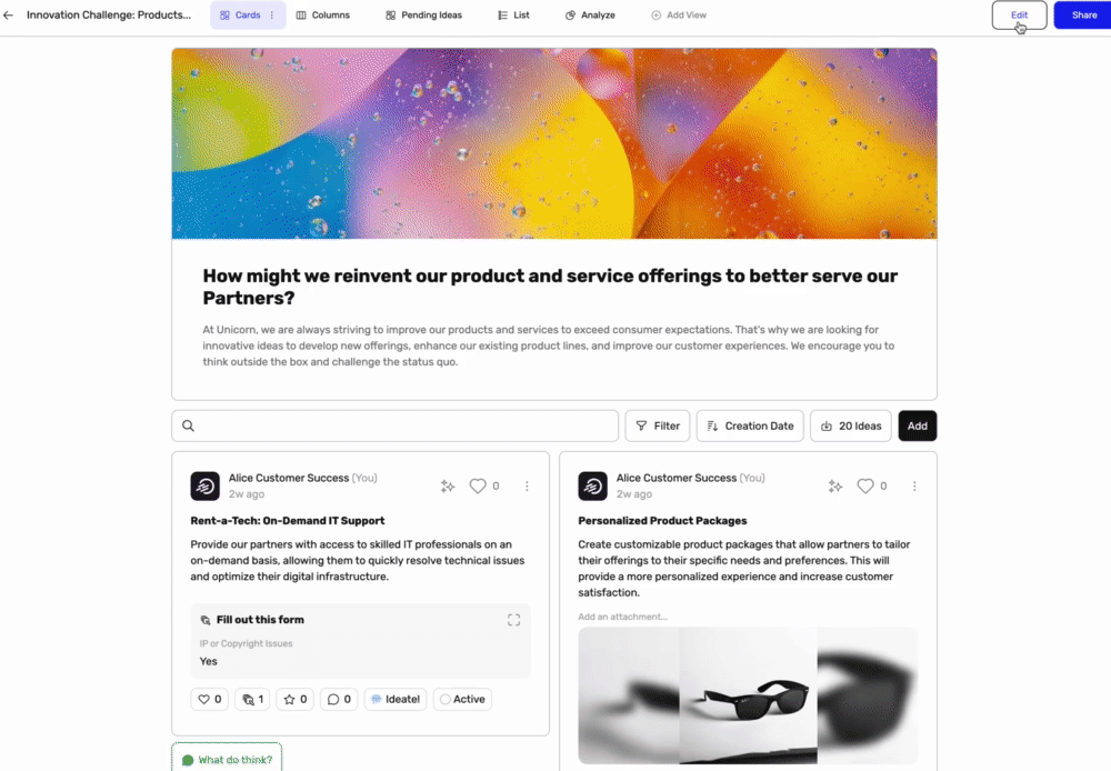 Plateforme de défi d'innovation affichant les idées dans une vue en carte avec des options d'édition/partage.