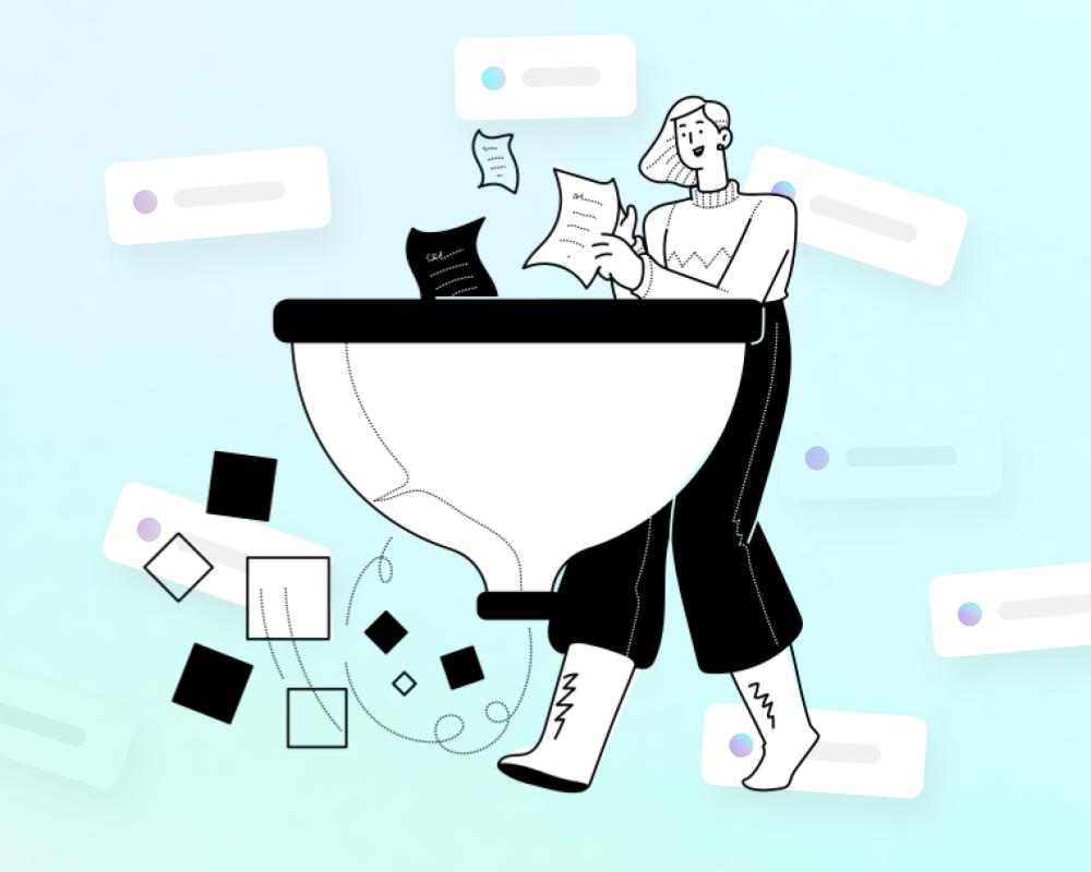 une personne ajoutant des idées à un entonnoir, interface utilisateur en arrière-plan