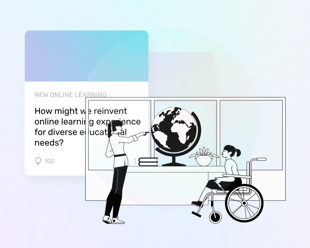 شخص يحمل كرة أرضية وشخص على كرسي متحرك أمام رسم توضيحي لبرمجيات الابتكار