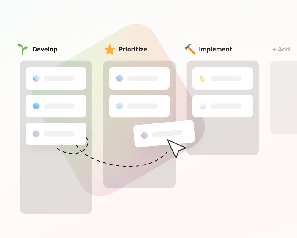 واجهة برنامج إدارة الأفكار الأنيقة تُظهر لوحة كانبان مع مراحل متعددة، من التطوير إلى التنفيذ.