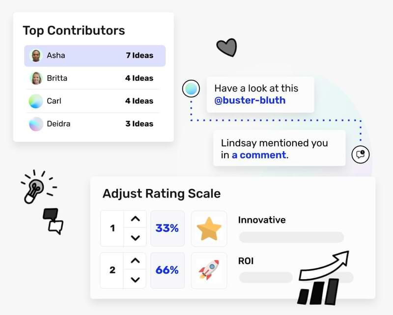 رسم توضيحي لأدوات مختلفة لإدارة الأفكار مثل تقييم الأفكار وعناصر واجهة المستخدم الأخرى
