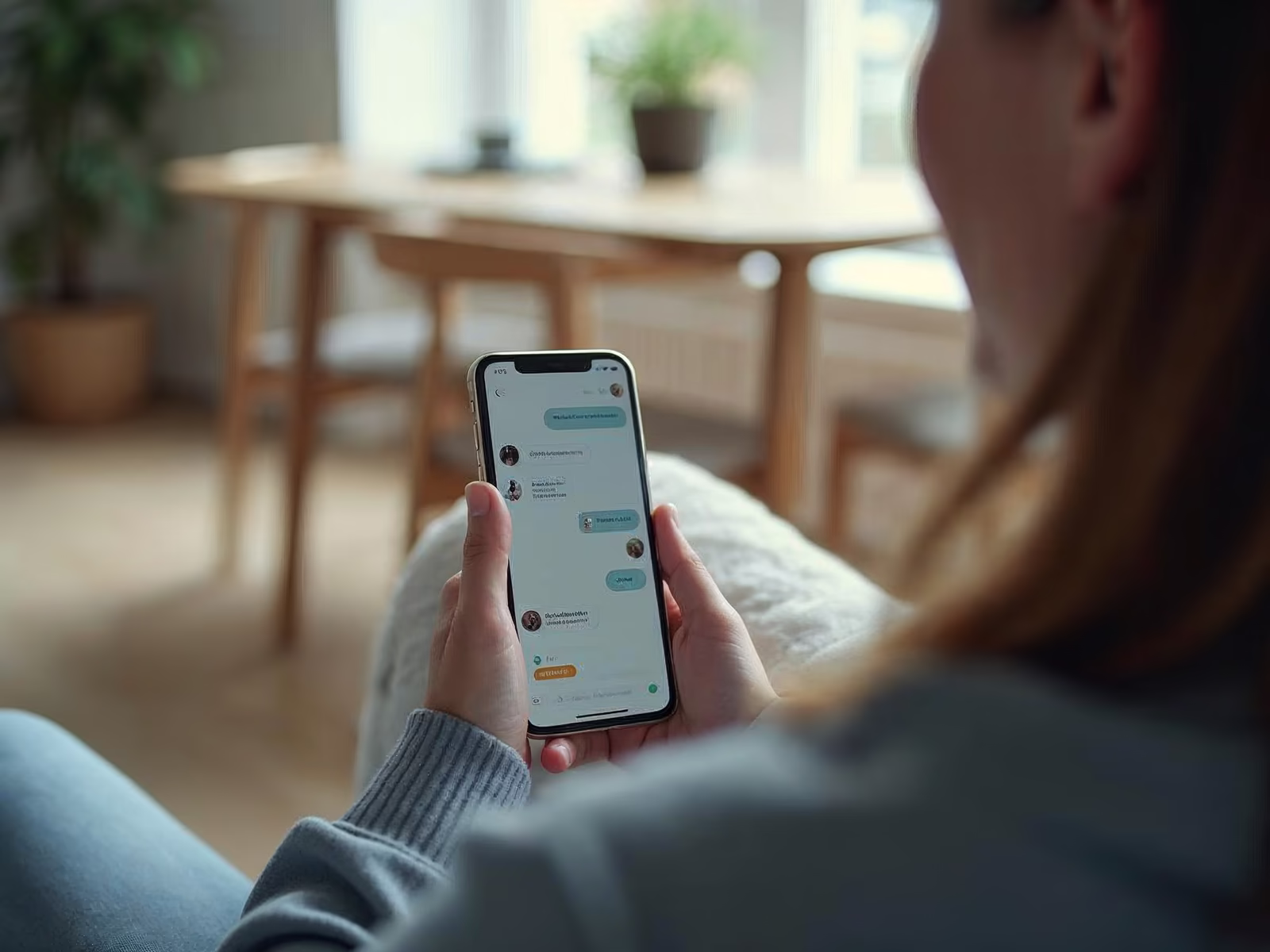 Person i sofaen som chatter med en kundeassistent på mobilen
