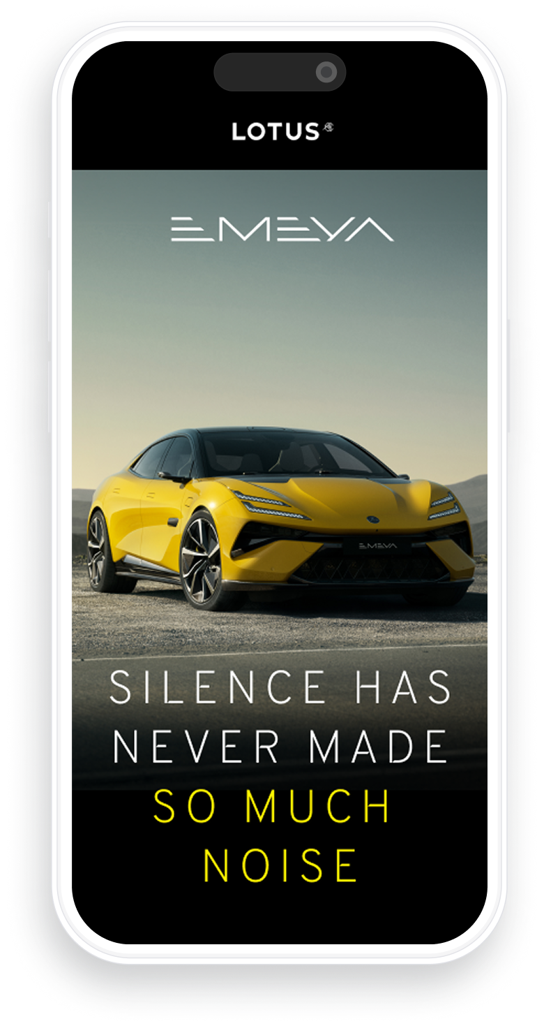 Smartphone screen showing a yellow Lotus Emeya sports car on a road with a mountainous background and the text 'Silence has never made so much noise.'
