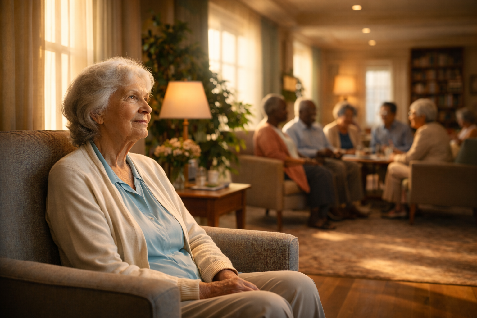 Older woman in a cream cardigan sitting quietly in an armchair by a sunlit window, gazing thoughtfully into the distance while other residents chat together in a warmly lit senior living community common room.