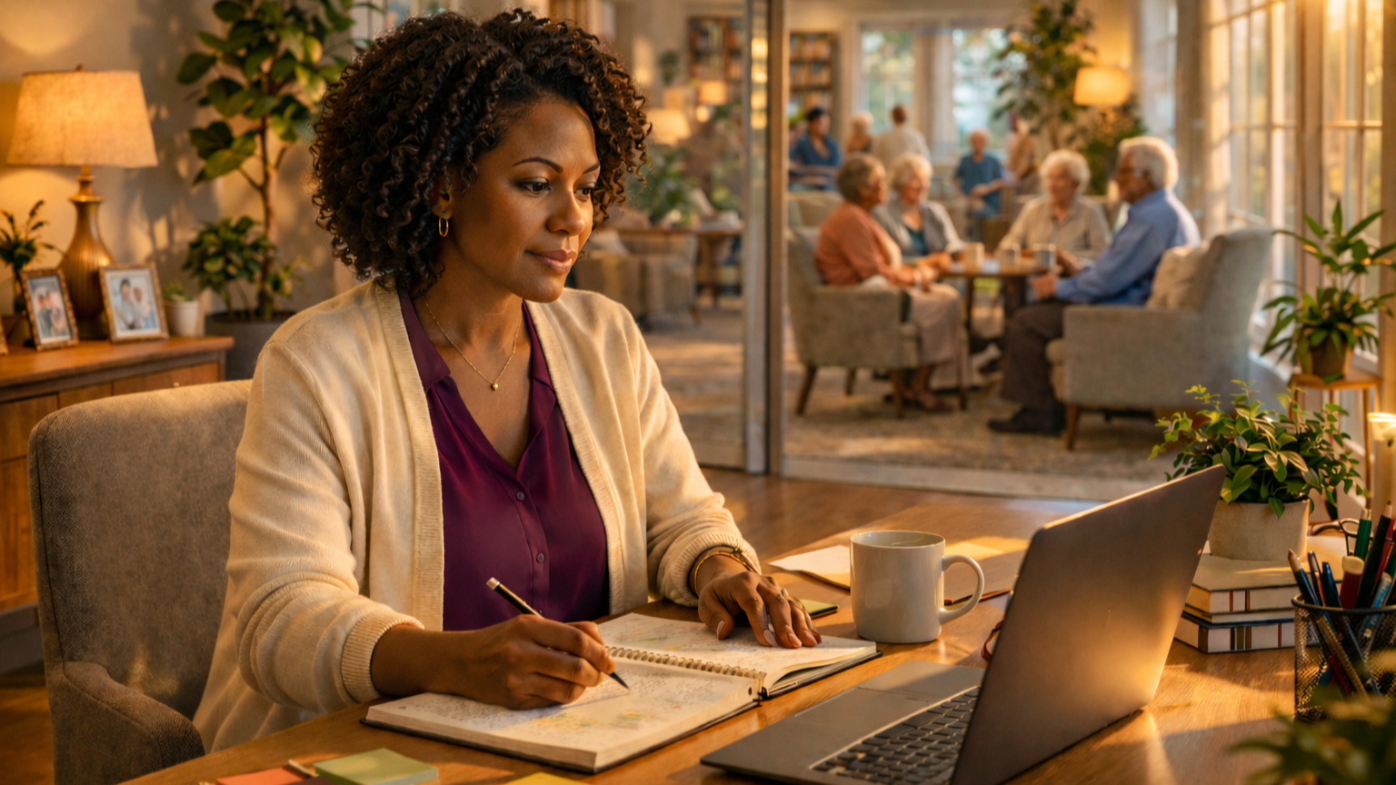 Life enrichment director at her desk in a senior living community office, reviewing notes on her laptop in warm late-afternoon light, with residents visible in the common area behind her.