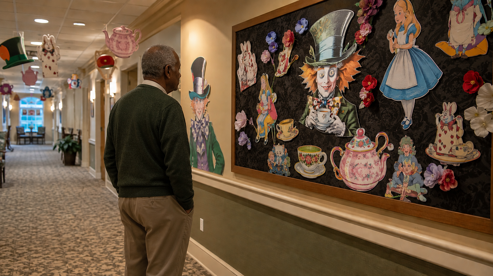 An elderly African American man stands alone in a warmly lit senior living hallway, facing a colorful Alice in Wonderland themed bulletin board filled with Mad Hatter and tea party decorations.. He looks disconnected.