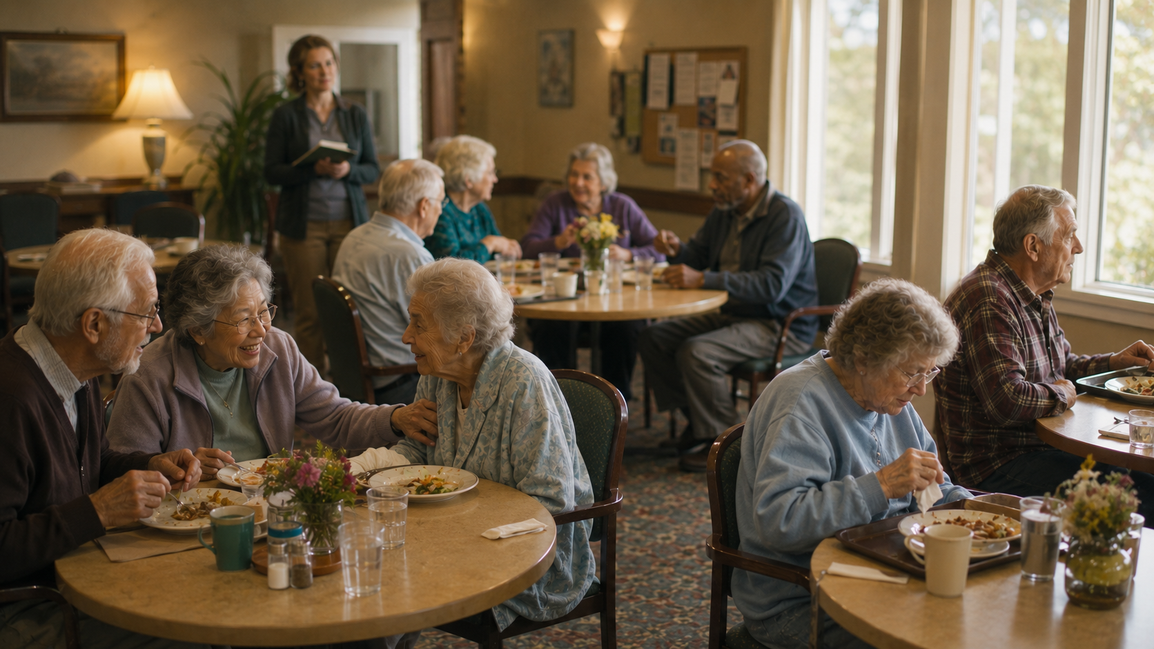A senior living dining room where some residents share laughter and conversation at tables together while two residents eat alone nearby, observed by an activity director reading the room's social signals.