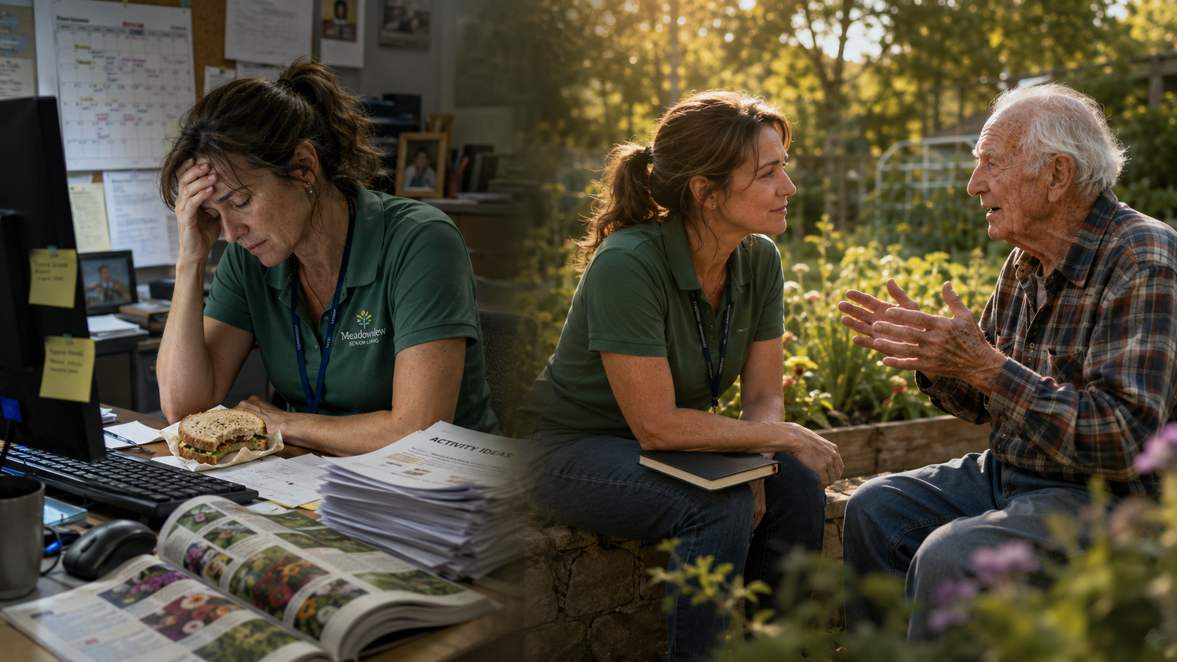 Split scene showing an activity director hunched over a cluttered planning desk on the left, and the same director listening with full attention to an elderly resident telling a story in a sunlit garden on the right.