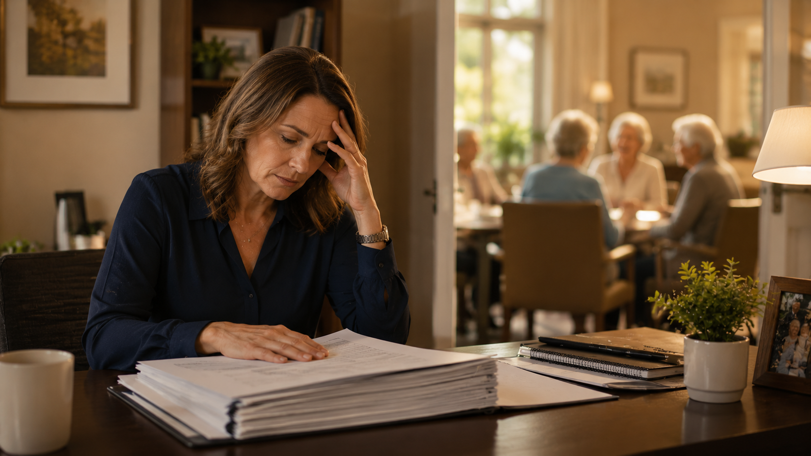 Two professionals in genuine conversation at a sunlit table in a senior living community, with an unsigned contract between them, representing trust-based vendor partnerships.