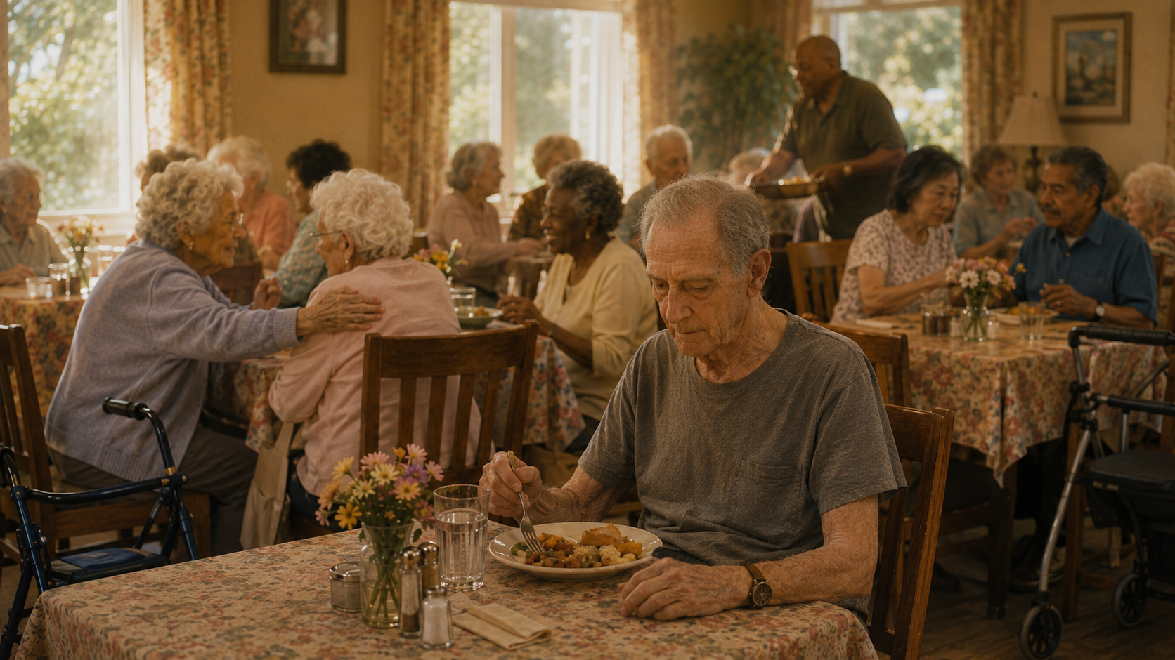 Senior living community dining room where one older man sits alone at his table while other residents share conversation and connection in the background