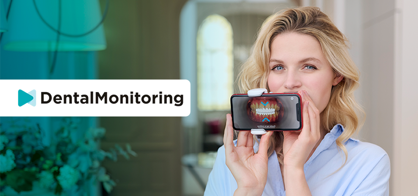 Promotional banner with logo and female scanning her mouth for dental monitoring