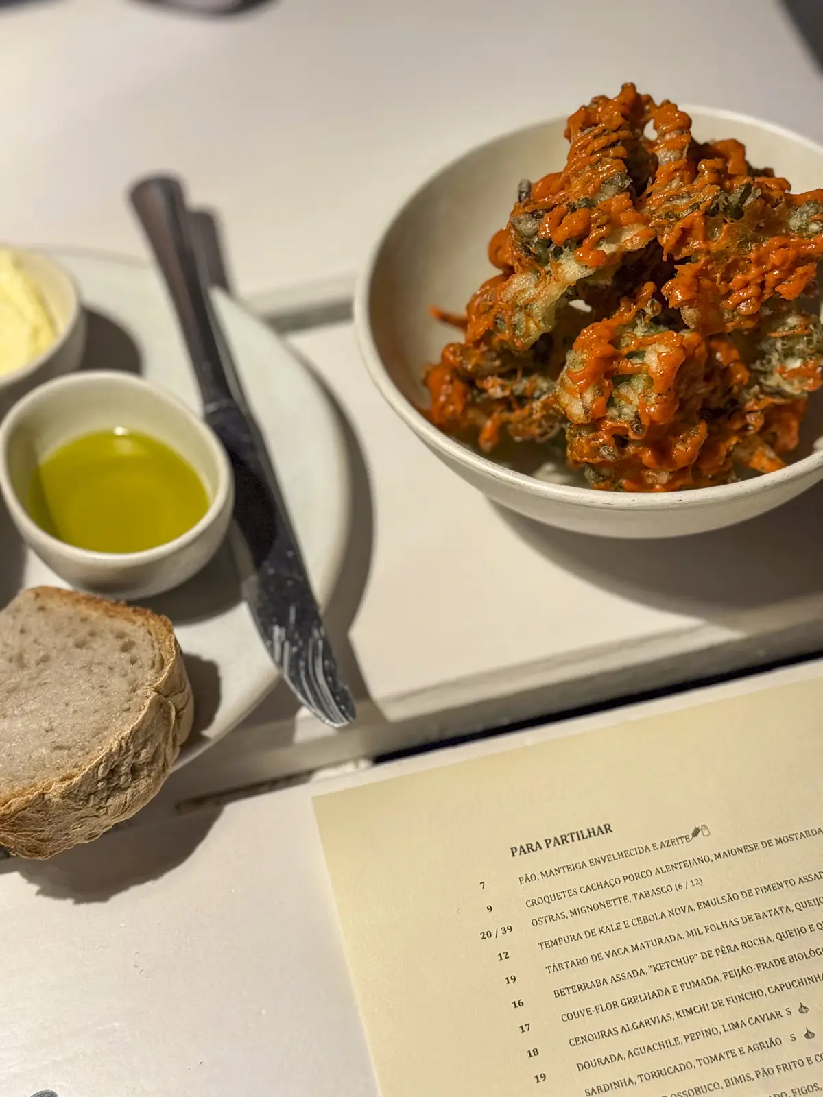 Menu and starters at Cavalariça Comporta
