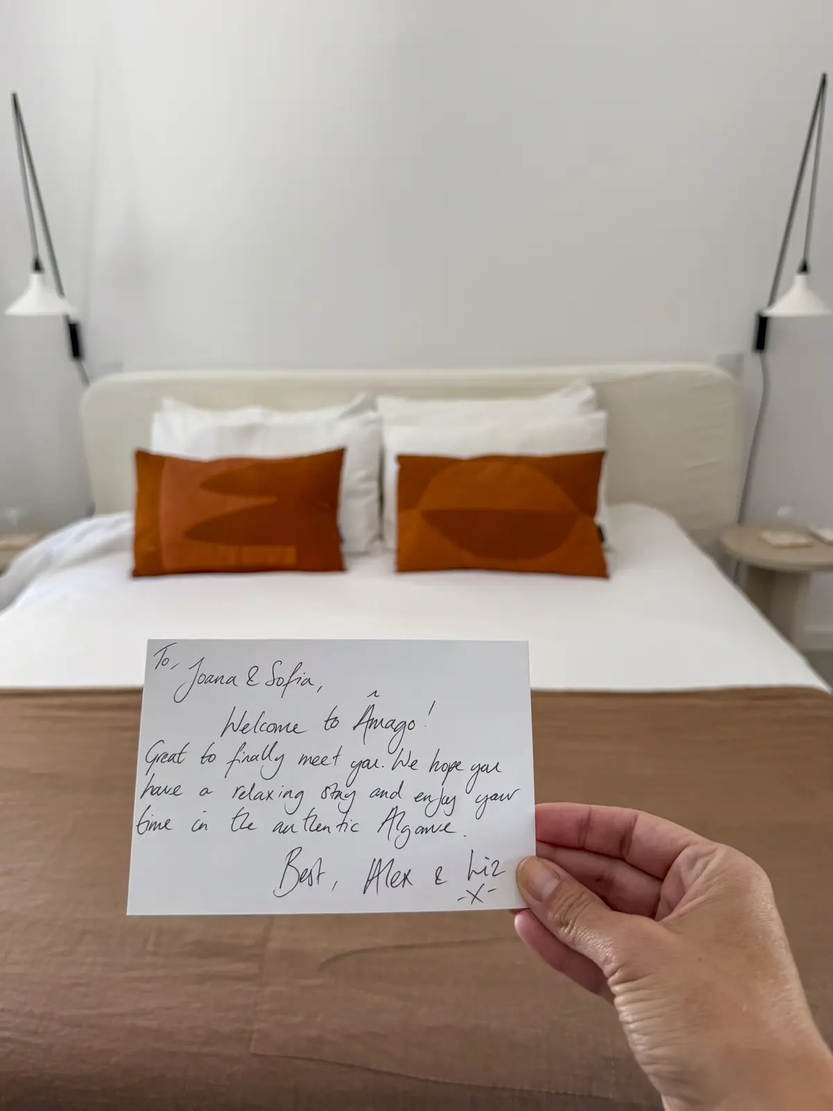 Our welcome note at Âmago, a family-run guesthouse near Faro in the Algarve.