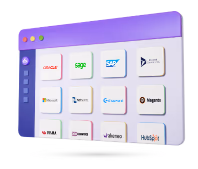 A colorful, nicely rendered 3D visualization of the Alumio Marketplace, showcasing that solutions like Sage, Magento, OpenAI, Microsoft Dynamics, SAP and many more can easily be integrated via the Alumio marketplace.