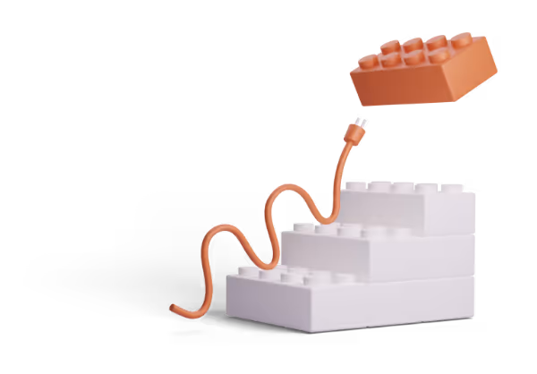 Lego bricks in the form of a staircase with an cord and plug bouncing up the staircase of Legos to connect to a floating Lego piece