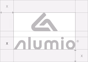 A picture of the design guideline framework of how to arrange the Alumio logo in relation to other visual objects.