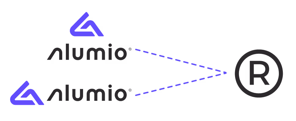 Image of the trademarked Alumio logo and the guidelines on how to represent it in external communications - picture of Alumio brand guideline page.