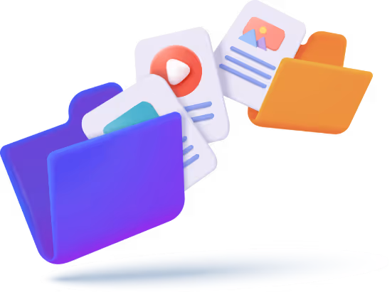 A 3D render of a file folder containing a multitude of assets to visually represent the kinds of materials Alumio partners can request for external communications.