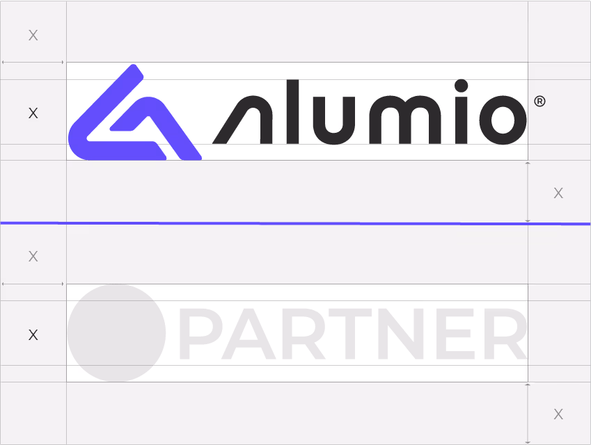 Image on the Alumio brand portal, representing the Alumio guidelines on how to represent the Alumio logo in relation to Alumio partner logos in a vertical manner.